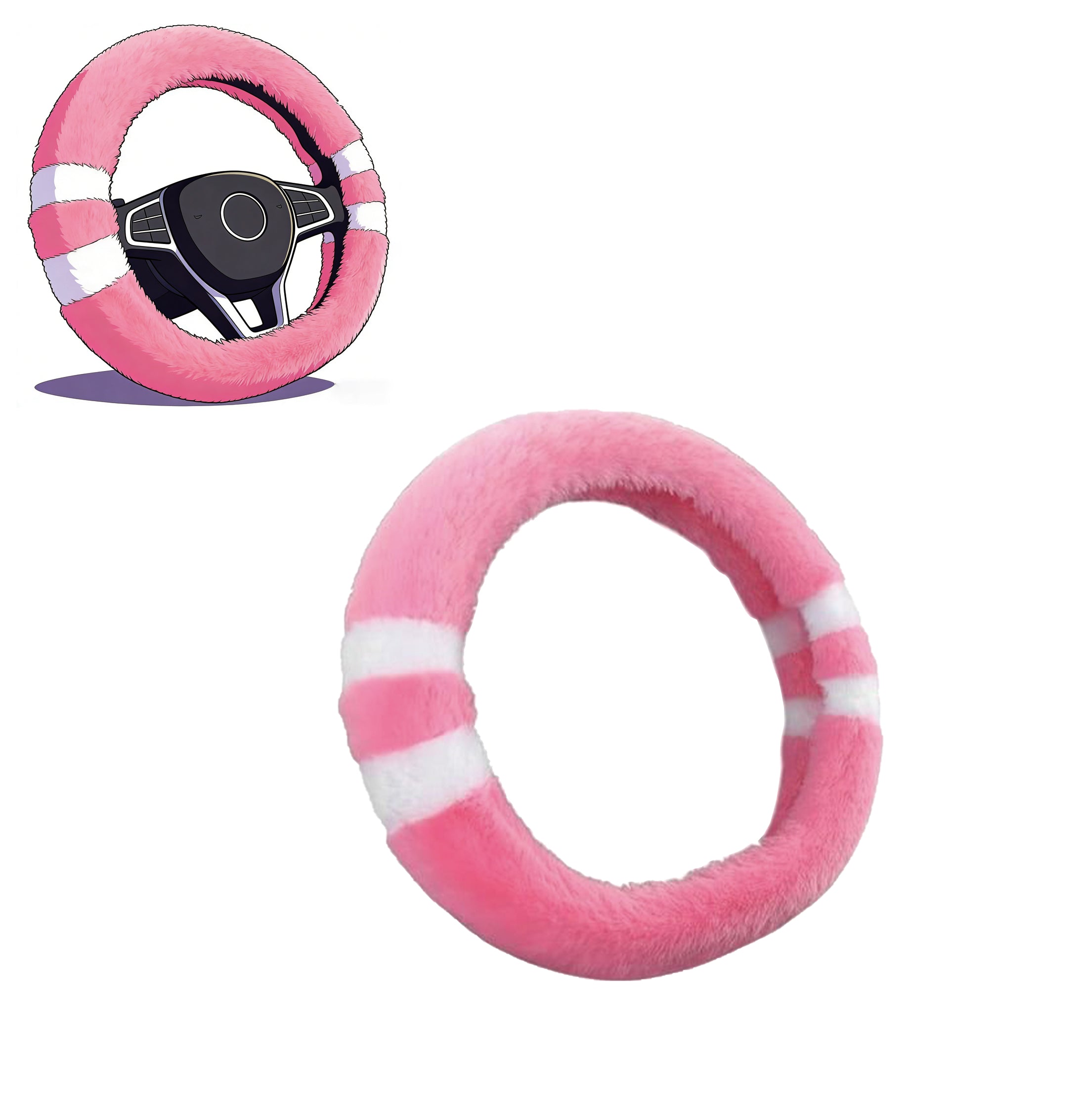 Cute Pink White Stripe Plush Steering Wheel Cover Soft Universal Car Accessory