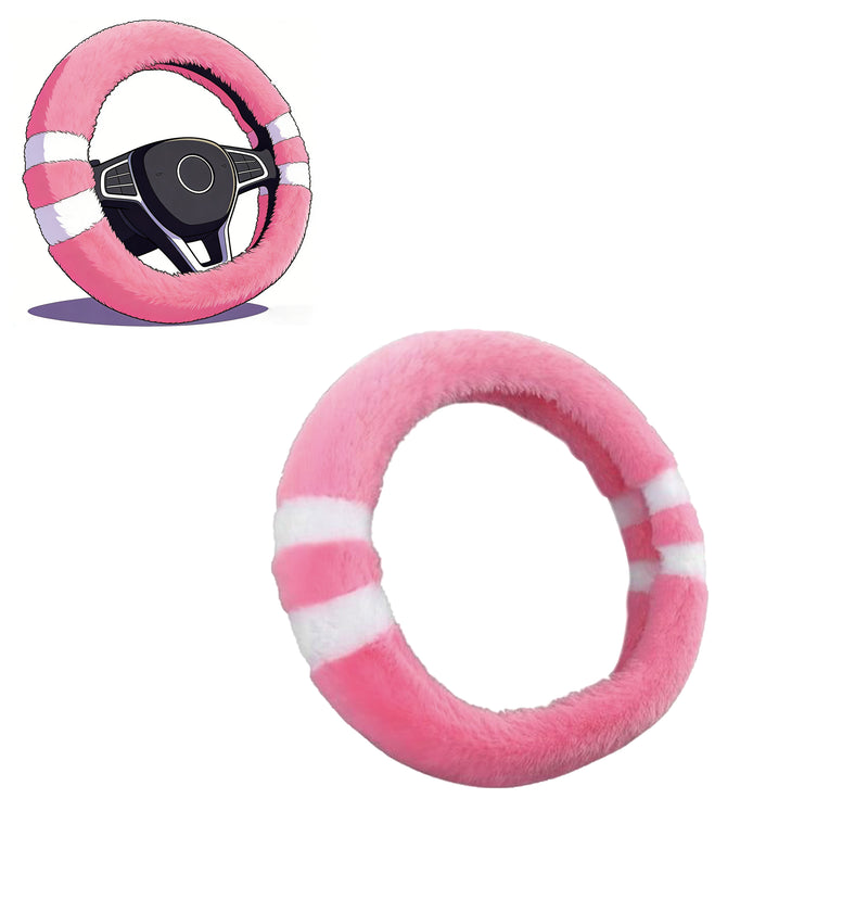 Cute Pink White Stripe Plush Steering Wheel Cover Soft Universal Car Accessory