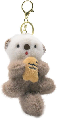 Fluffy Otter Plush Keychain | Cute Stuffed Otter Holding Fish Bag Charm for Keys & Decor