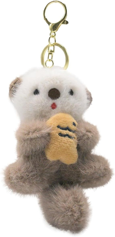 Fluffy Otter Plush Keychain | Cute Stuffed Otter Holding Fish Bag Charm for Keys & Decor
